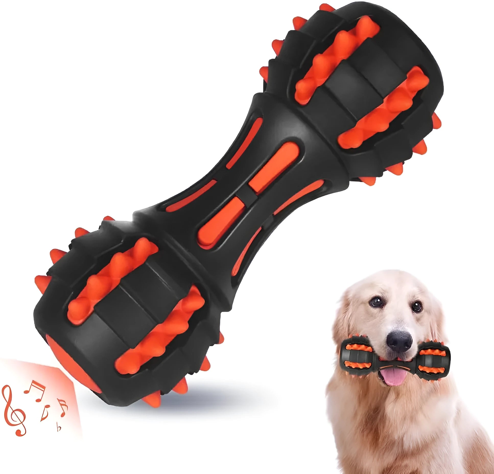 Red dumbbell-shaped natural rubber dog chew toy with squeaker for medium and large breed dogs
