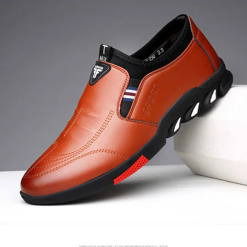 Men's black and brown PU leather business casual shoes with flat heel