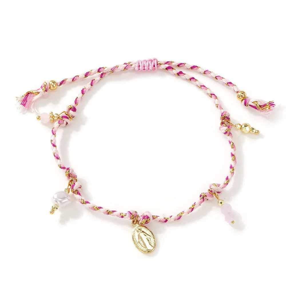 Hand-woven colourful braided rope bracelet with adjustable knot and decorative strap tag