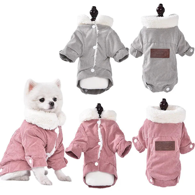 Lambswool grey padded dog vest with wool lining for winter wear, shown on a dog model.
