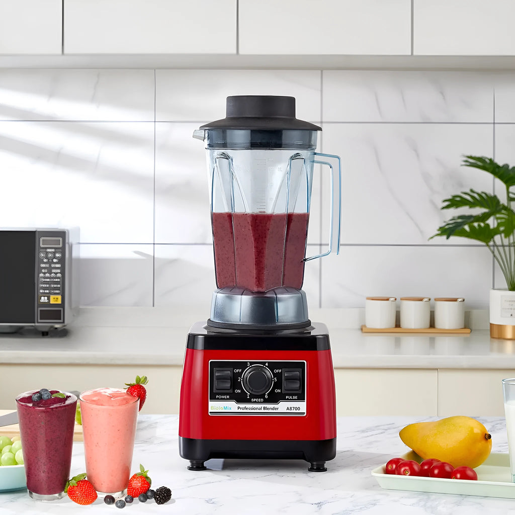Red commercial blender with 2200W motor and 2-litre capacity for industrial food preparation