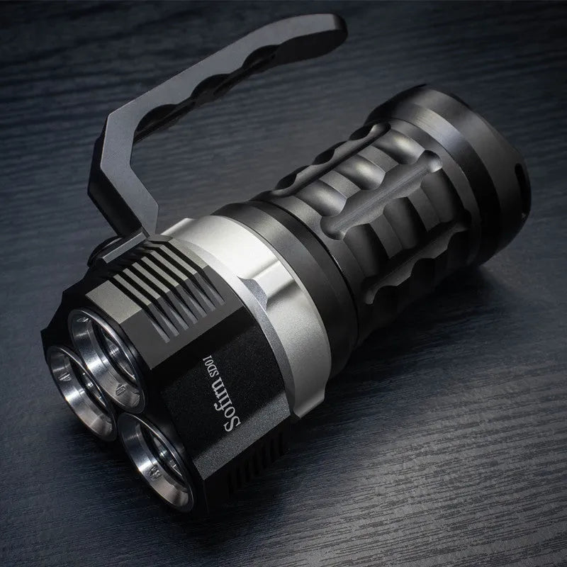 Aluminium alloy diving tube flashlight shown with scale, highlighting its 18cm length and robust construction.