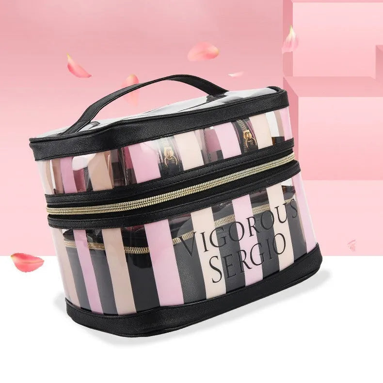 Pink bold stripes waterproof makeup bag with floral design in European American retro style