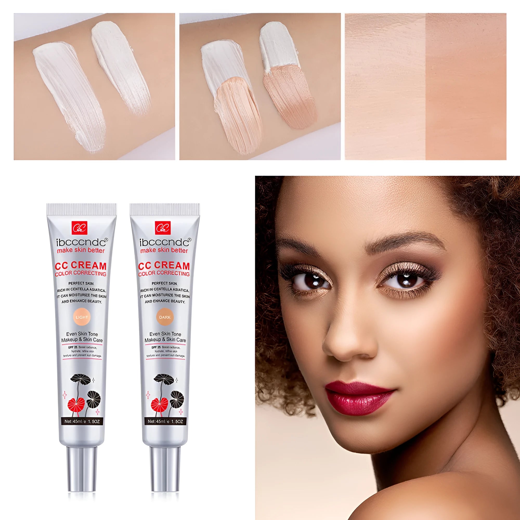 Erborian CC Cream tube in dark and light shades, a colour correcting moisturising makeup primer.