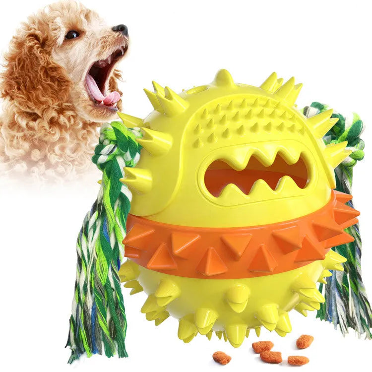 Blue and red TPR rubber dog chew toy with treat dispenser hole and textured surface.