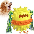Blue and red TPR rubber dog chew toy with treat dispenser hole and textured surface.