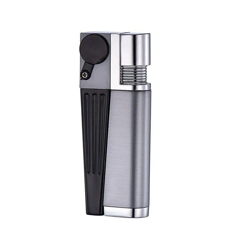 Silver and black foldable metal pipe lighter with stash compartment closed.