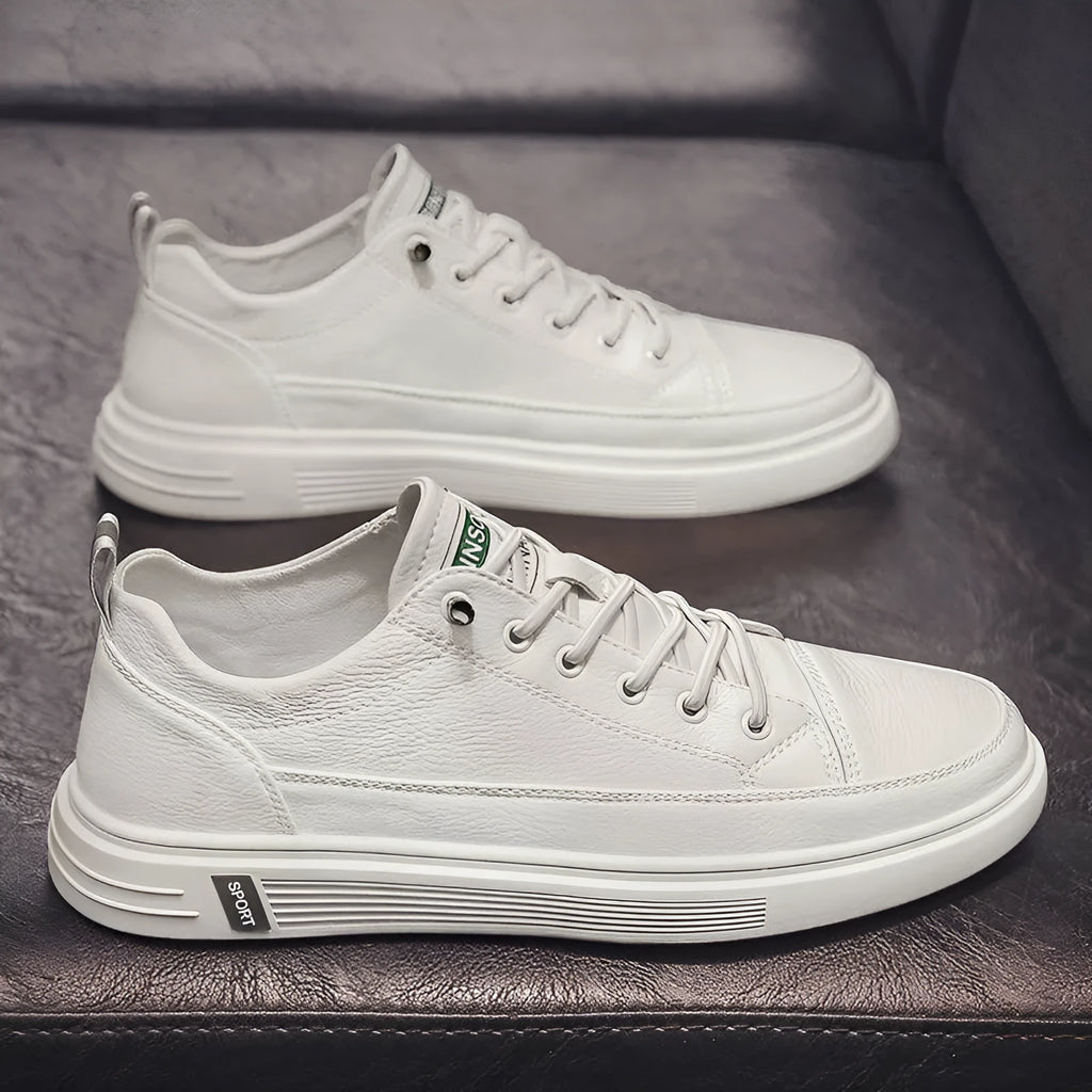 Men's white casual shoes with PU leather upper, round toe and shallow opening