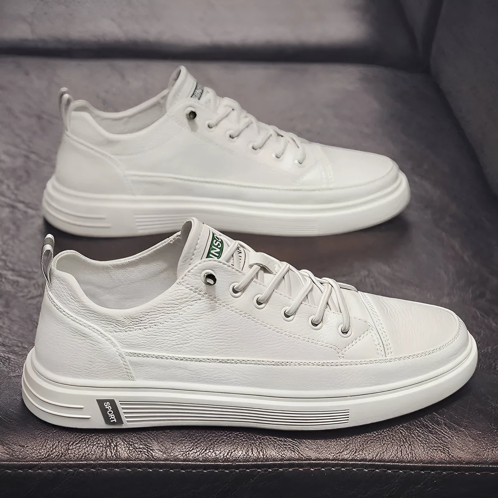 Men's white casual shoes with PU leather upper, round toe and shallow opening