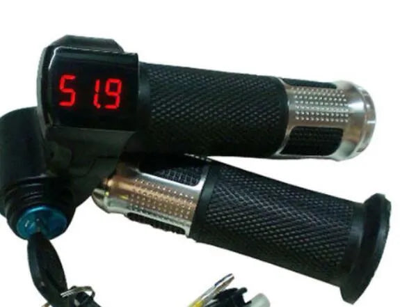Electric vehicle handlebar replacement part in blue, red, silver, and yellow with 5-core cable.