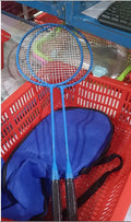 Pair of blue and red ultra-light alloy badminton rackets side by side