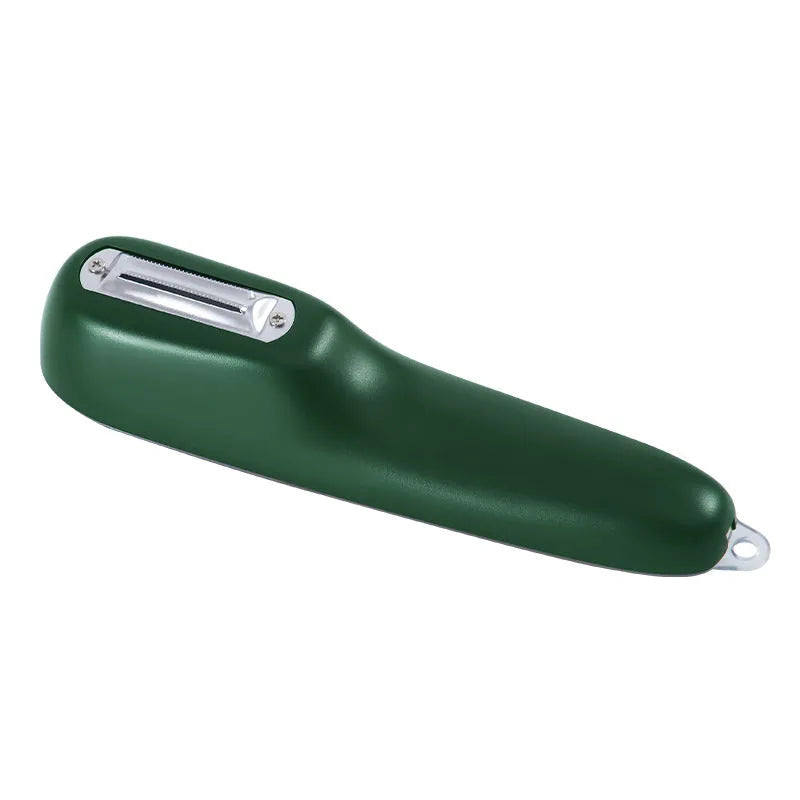 Green kitchen peeler with storage tube, stainless steel blade and hanging hole on handle