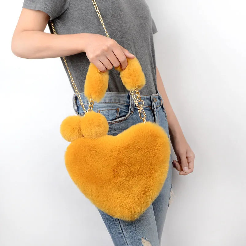 Soft plush heart-shaped women's handbag with zipper closure in various colours