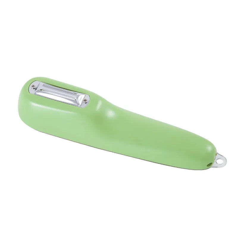 Green kitchen peeler with storage tube, stainless steel blade and hanging hole on handle