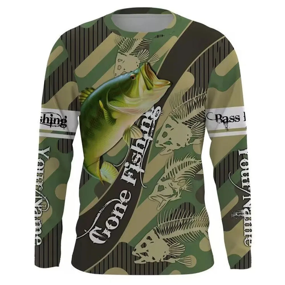 Men's grey pullover with a large printed blue fish design on the front, featuring long sleeves and a round neck.