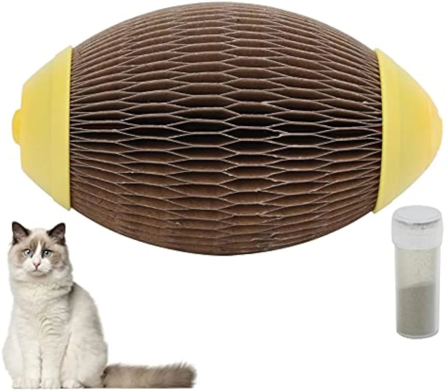 Elliptical catnip ball toy made from recycled corrugated paper with scratch football design