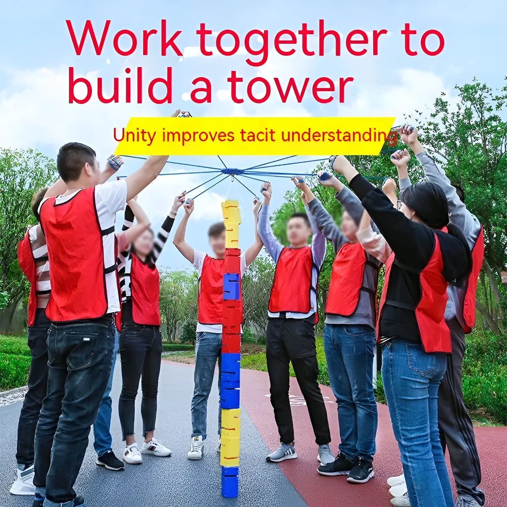 Outdoor team building equipment set with ABS plastic blocks, pull ropes, and connection frame