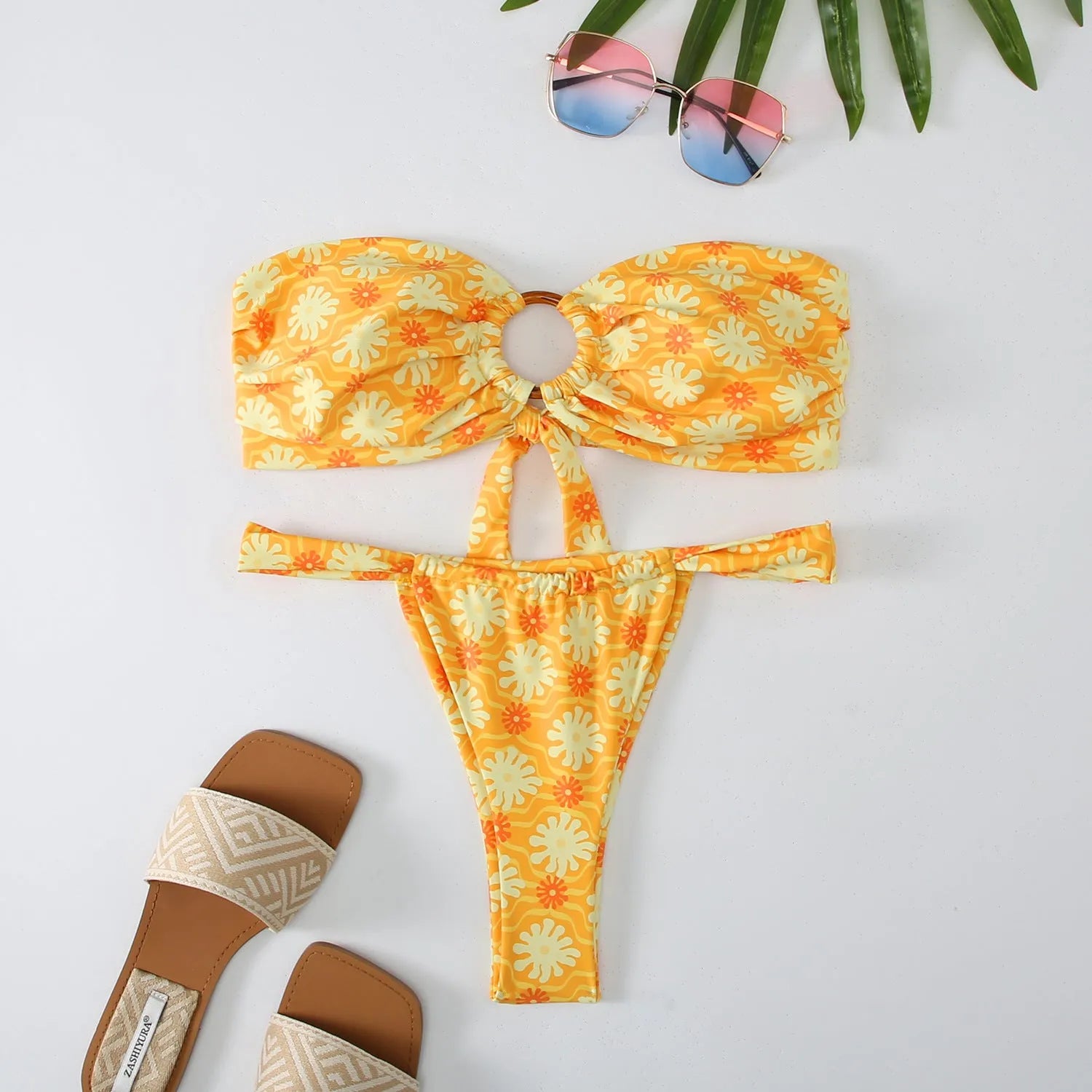 Women's floral printed tube top ring bikini swimsuit with briefs bottom