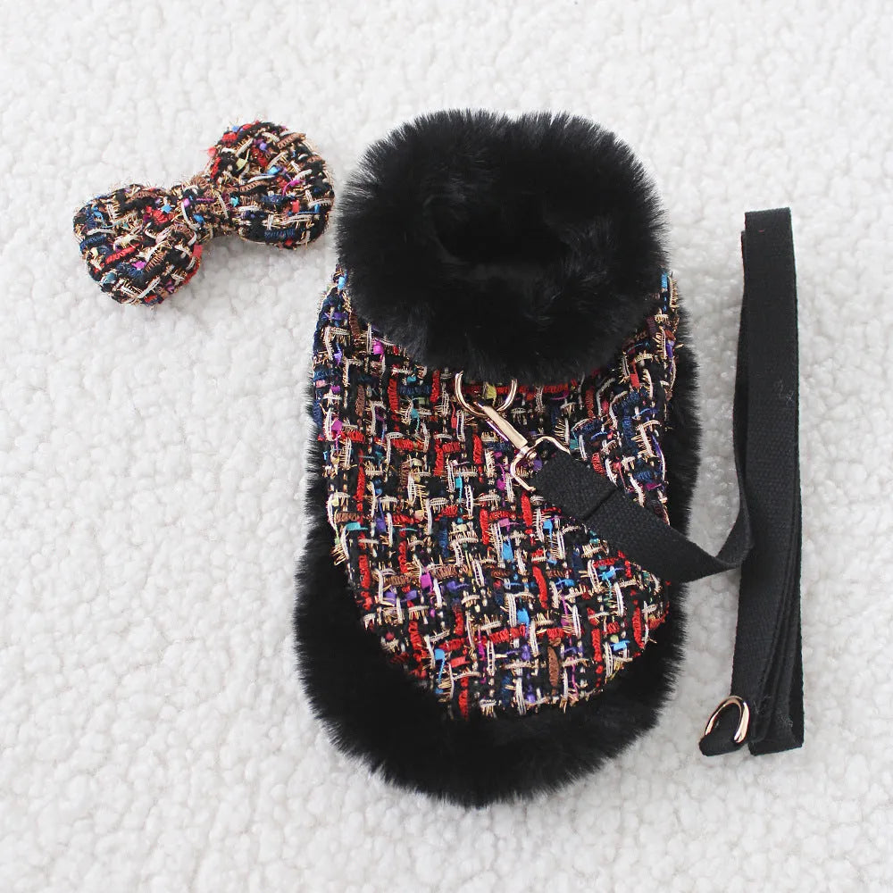 Dog wearing cloak costume with chest strap and matching traction rope in beret or bow style