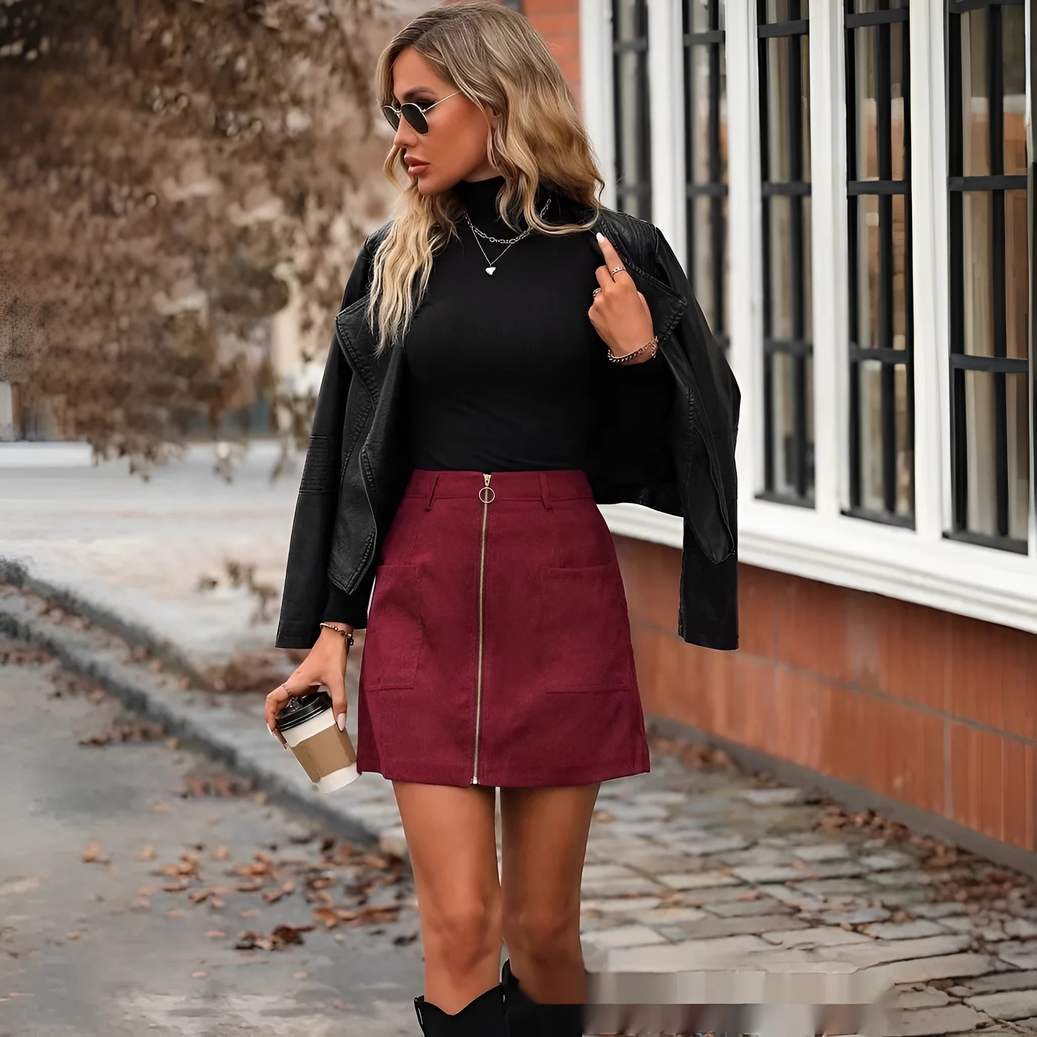 Women's black high waist short skirt with stitched detail and front zipper on a model.