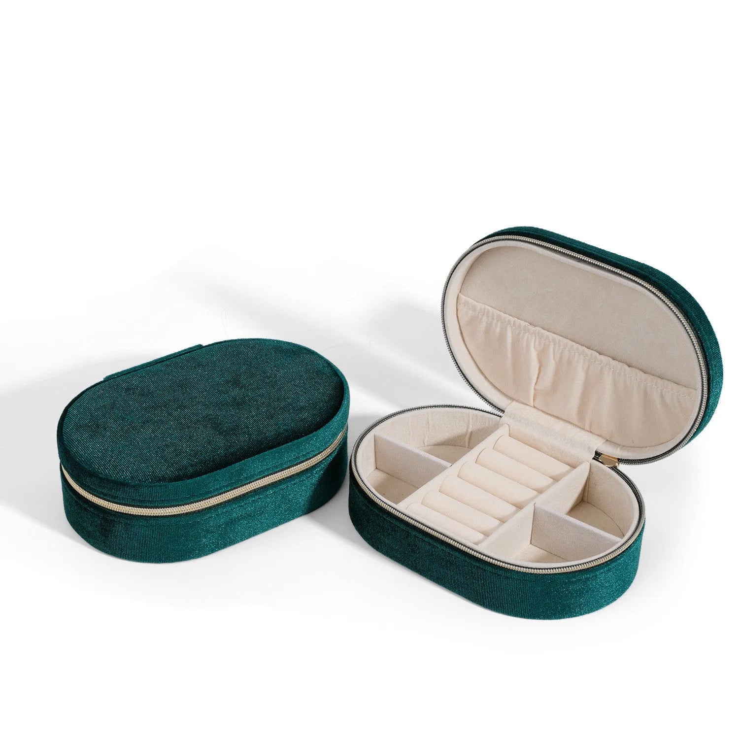 Oval velvet jewellery storage box in multiple colours with flannel lining for rings and earrings