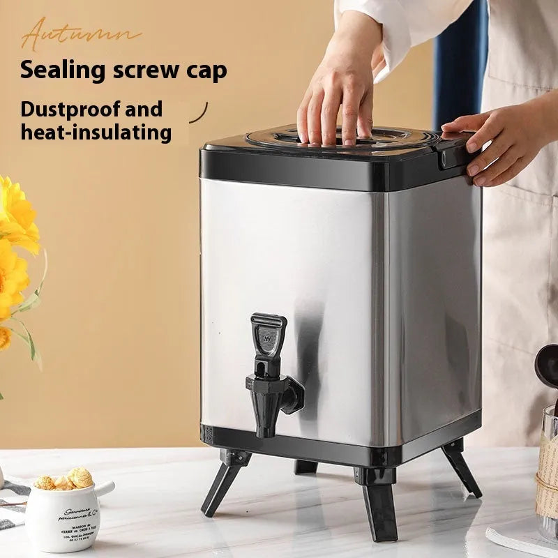 Silver stainless steel milk tea bucket with square lock insulation barrel, 8-litre capacity