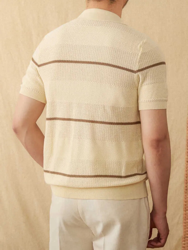 Camel coloured lapel collar short sleeve cotton linen blended cardigan on hanger