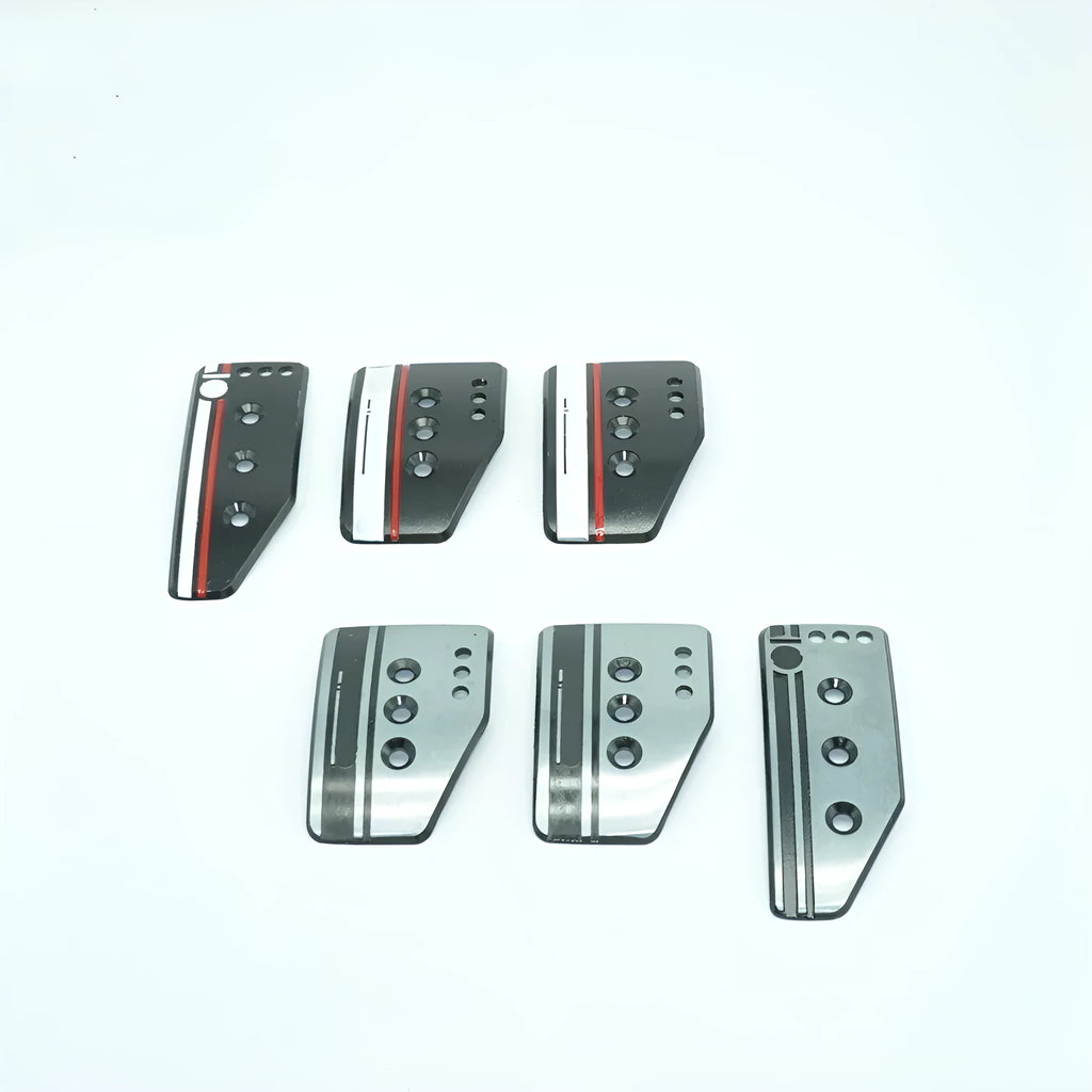 Aluminium alloy car pedal set for manual transmission showing brake, clutch, and accelerator with screws and nuts