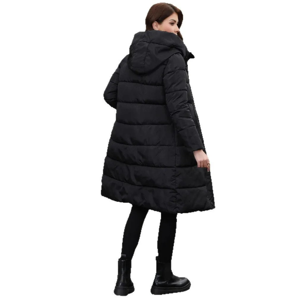 Black hooded slim fit winter jacket with regular sleeves on mannequin