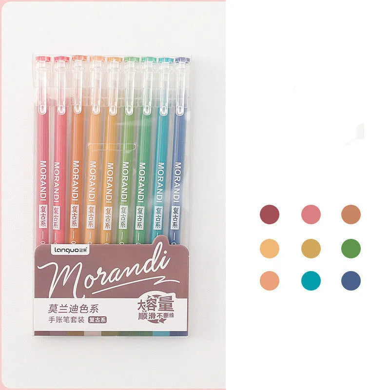 Set of nine Japanese-style colour gel pens with 0.5mm needle tips, showing retro and solid colour designs.