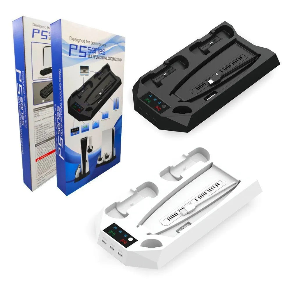 PS5 charging base radiator stand in black or white with USB port and earphone hook.
