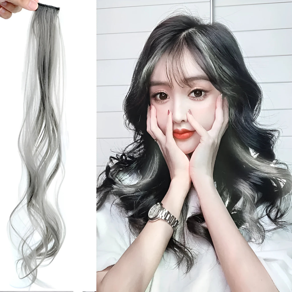 Long curly gradient hair extension patch in Aurora Purple colour, approx 60cm length.
