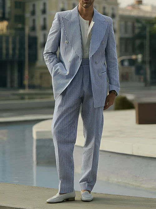 Blue and white striped polyester suit set with blazer and trousers