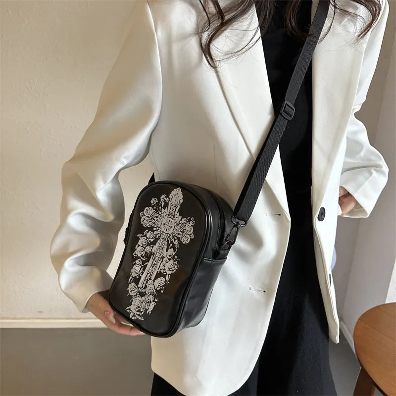 Halloween graffiti print mini crossbody bag with pumpkin ghost bat design in PU material