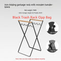 Black iron folding trash storage rack with wooden carrying handles