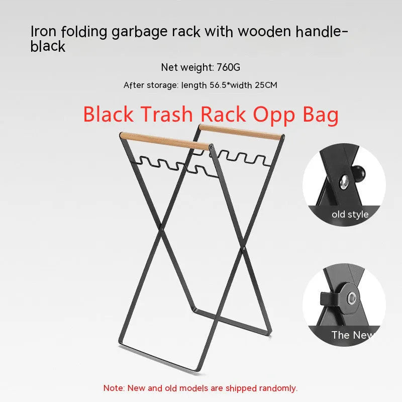 Black iron folding trash storage rack with wooden carrying handles