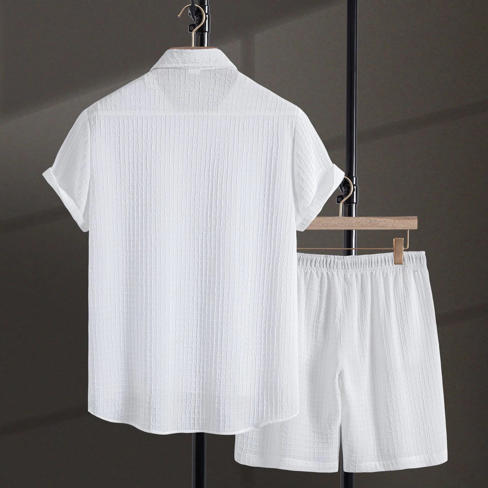 Men's cotton blend jacquard short sleeve shirt and shorts suit in black or white colours