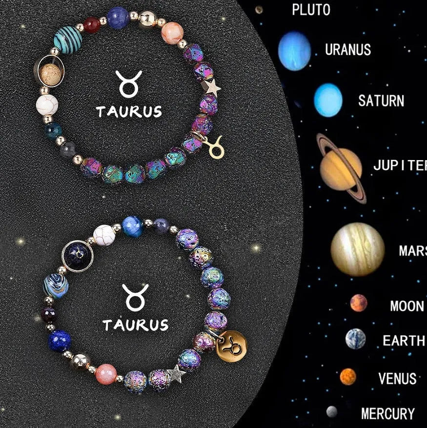 Two natural stone beaded bracelets with zodiac sign charms on a white background