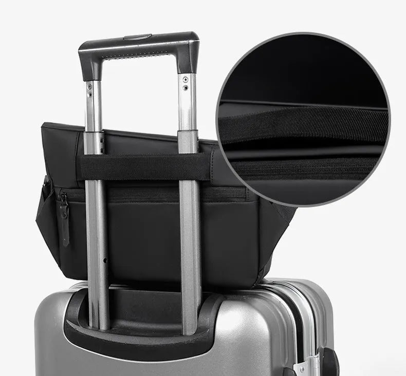Grey PU leather men's crossbody bag showing internal phone and document compartments