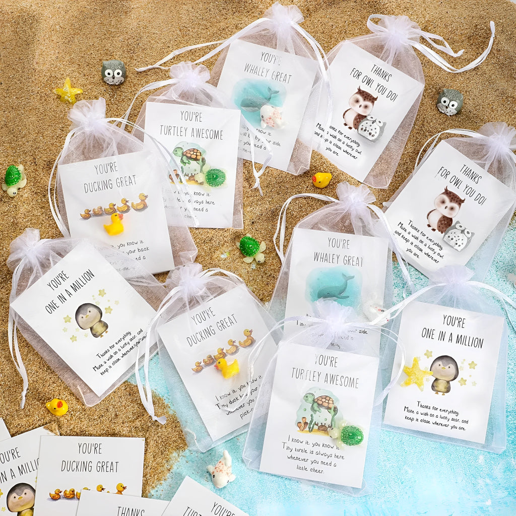 Set of resin-finish inspirational memo cards with pun designs, arranged showing multiple cards.