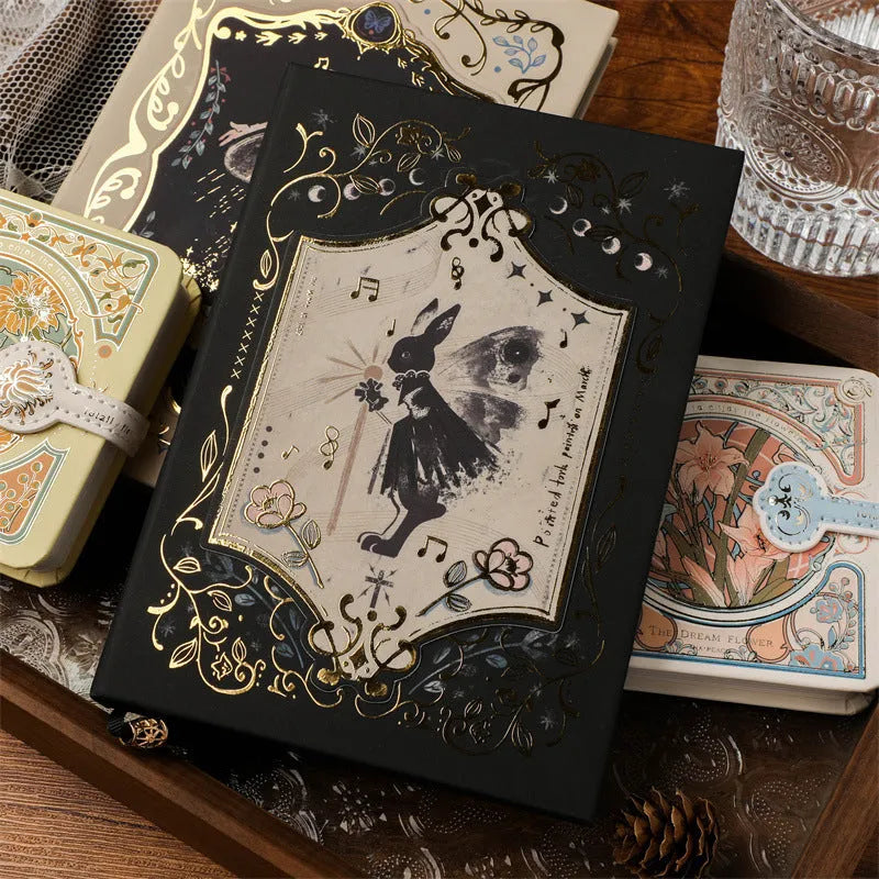 Retro Art THALO A5 notebook with 40g wood pulp paper, shown in A-Little Rabbit, Forest, and Red Fruit Temptation cover designs.