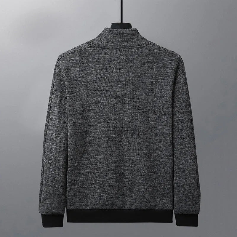 Men's black blended casual jacket with a stand-up collar and zipper front.