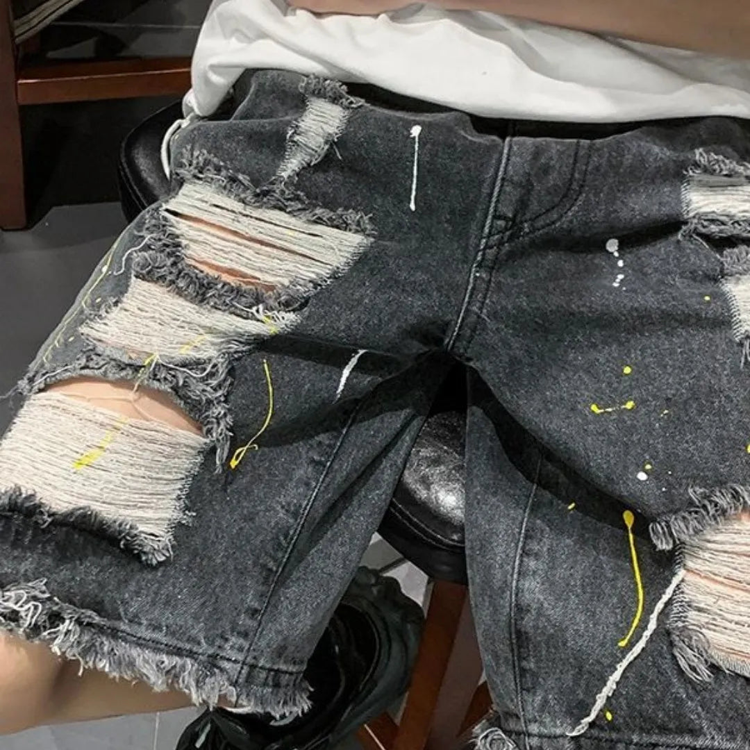 Men's casual water washed denim shorts with hole detailing and loose street style fit