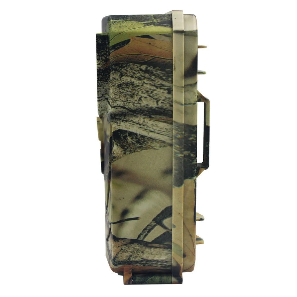 Yellow brown coloured plastic hunting game camera with infrared LEDs and lens, shown with its dimensions.