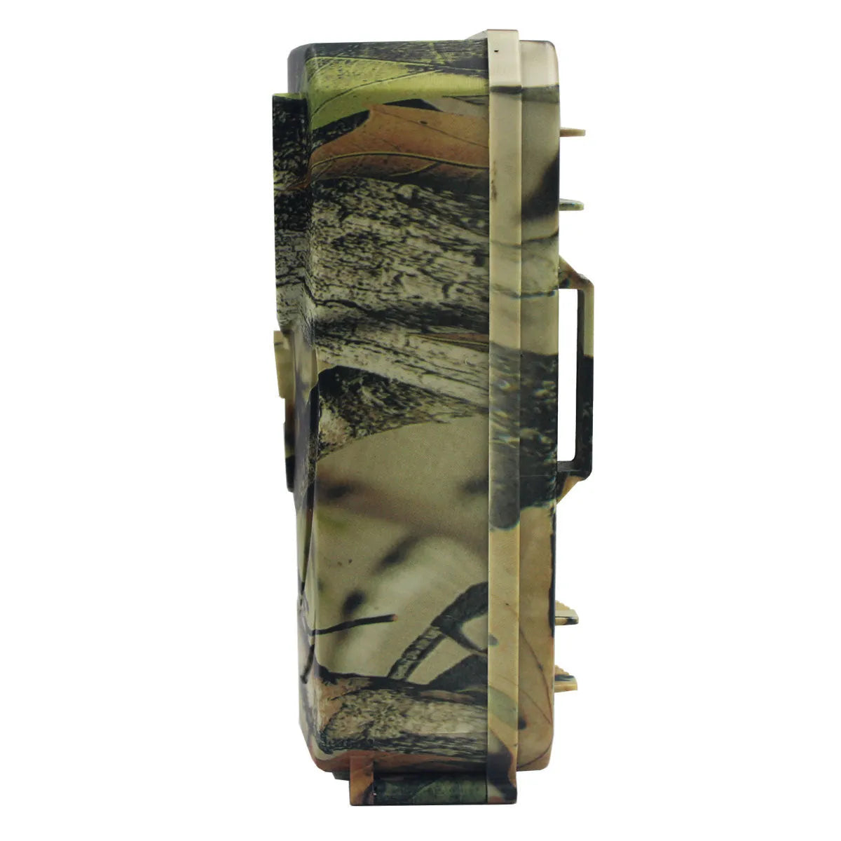Yellow brown coloured plastic hunting game camera with infrared LEDs and lens, shown with its dimensions.