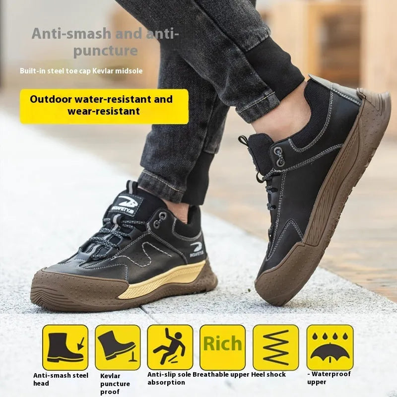 Flyknit leather work safety shoes with rubber sole in black, available sizes 36-46