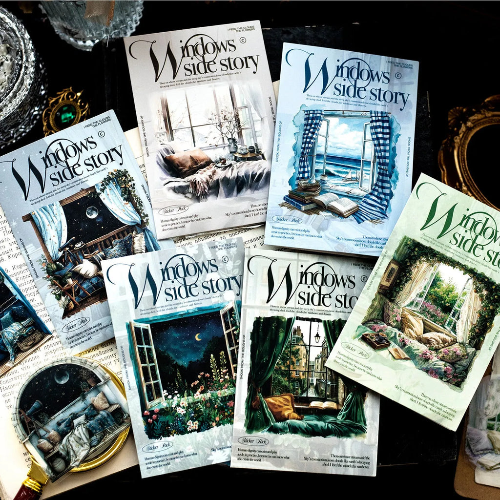 Retro window-themed journal stickers set with six different nature scene designs