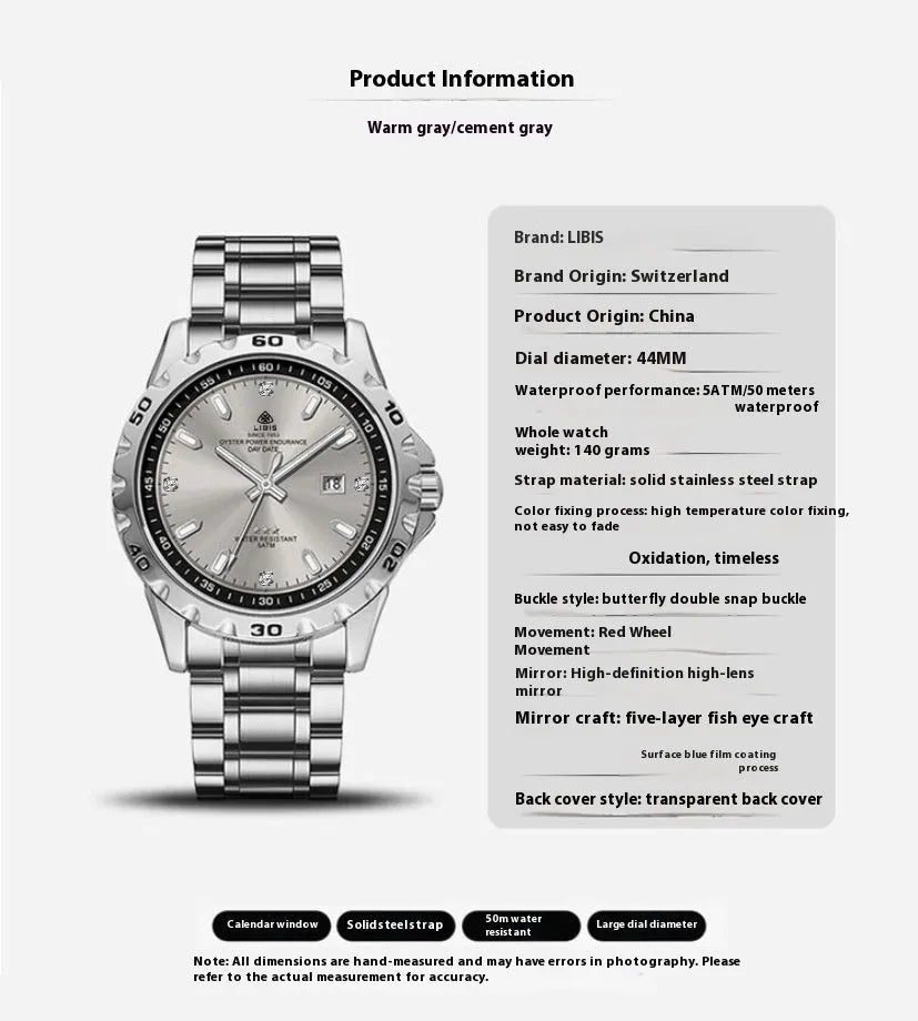 Silver men's business watch with luminous markers and stainless steel strap