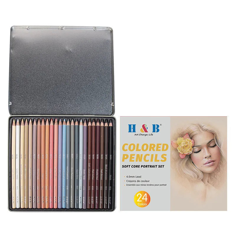 24 skin colour pencils for portrait art in a round metal tin case