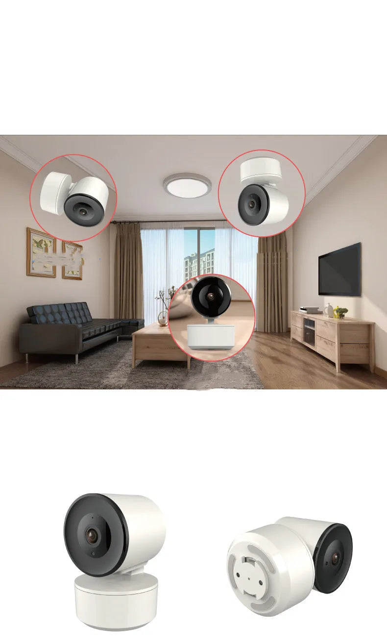 Indoor Wi-Fi security camera with pan-tilt base, shown next to its power adapter